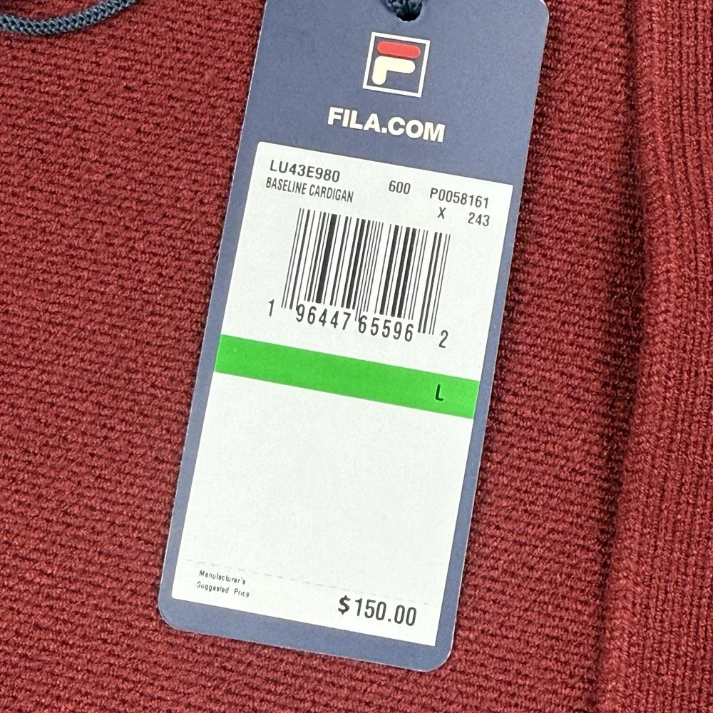FILA Baseline Cardigan Mens‎ Large L Burgundy V Neck Button Front Sweater NEW